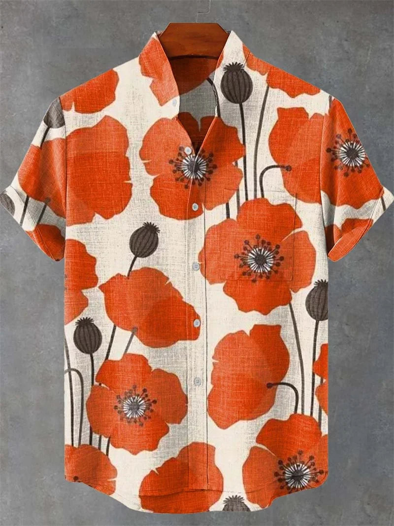 Men's Short Sleeve Shirt Vintage Ethnic Style Sunlight and Tree Illustration Art Snake Print Casual Linen Shirt