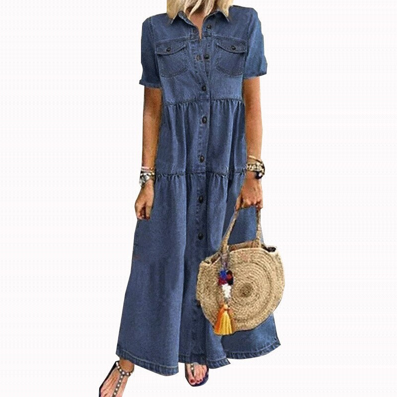 2023 Summer New Spliced Long Dress for Women Casual Solid Color Large Swing Denim Dress