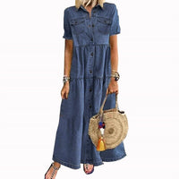 2023 Summer New Spliced Long Dress for Women Casual Solid Color Large Swing Denim Dress