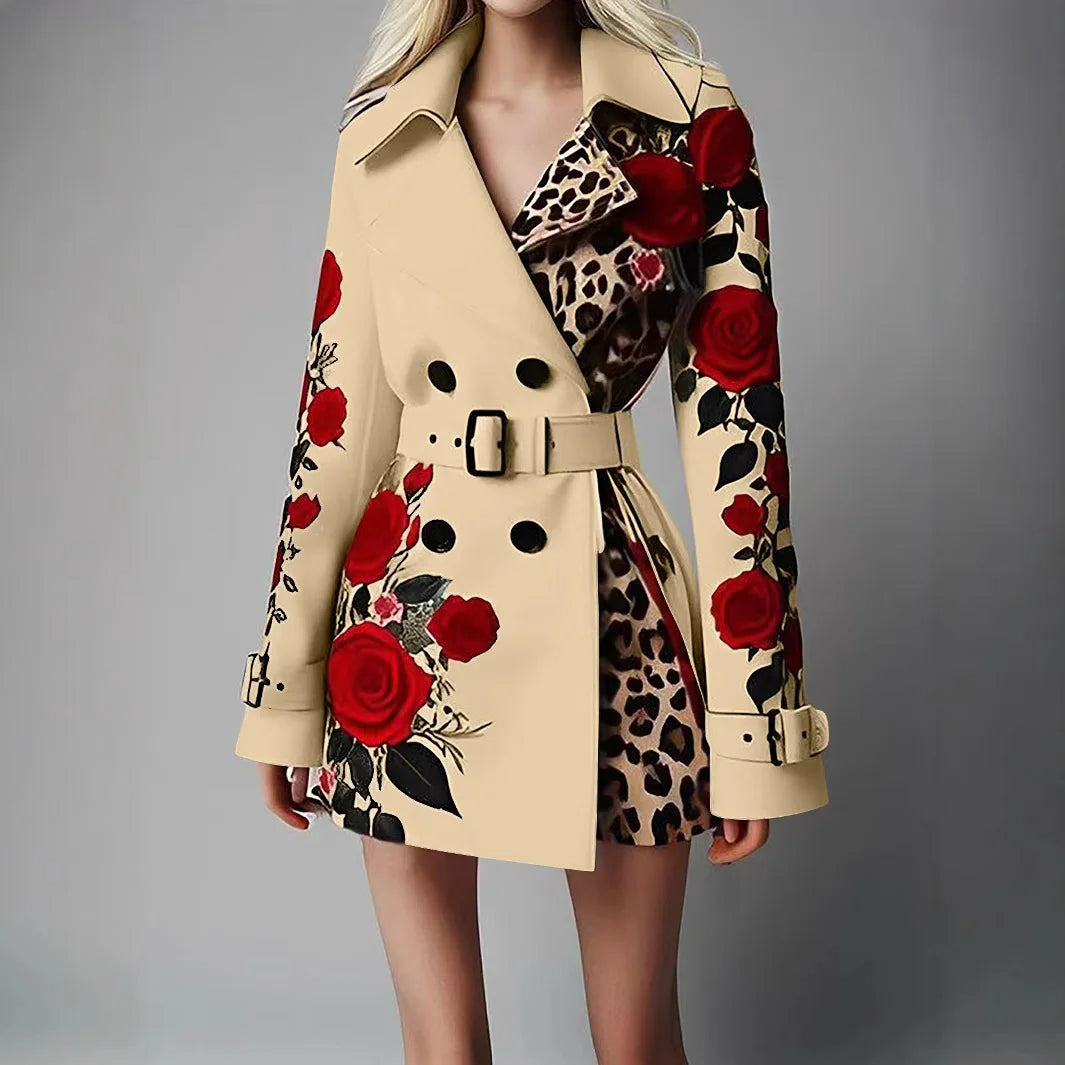 Women New Long Sleeve Floral Flower Printed Office Coat Double Button Belt Lapel Collar High Waist Jacket