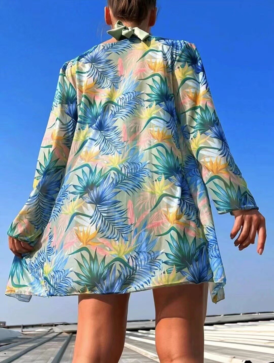 High Waist Multicolor Printed Long Sleeve Coverup Three Piece Bikini Split 2023 New Women Swimwear Female Bathing Suit Beachwear