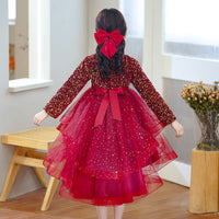Formal Bridesmaid Long Sleeve Red Trailing Party Dress For Girls Princess Birthday Sequin Prom Gown Children Evening Kids Clothe