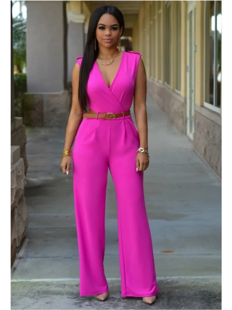 Women's Sexy Deep V Neck Sleeveless Solid Color Jumpsuit Fashion Slim Wrap Hip Elegant Female  Party Office Jumpsuit (with Belt)