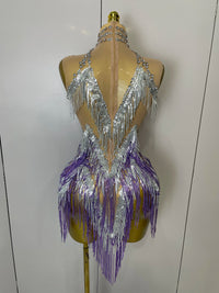 Stock 2025 Women Sexy Stretch Mesh Sparkly Rhinestone Tassels Mini Dress Nightclub Singer Dance Stage Costume Evening Gowns