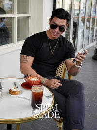 2025 new Fashion Fitness Training T-shirt Men's Summer Sports Leisure Round Neck Elastic Short Sleeve Vertical Stripe T-shirt
