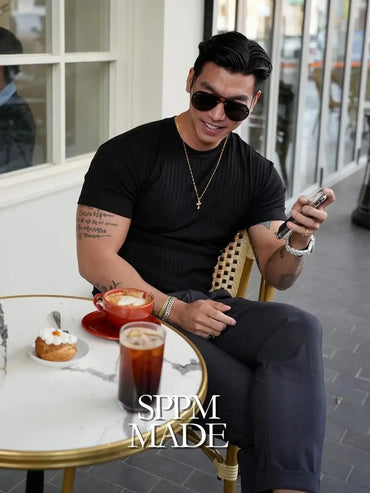 2025 new Fashion Fitness Training T-shirt Men's Summer Sports Leisure Round Neck Elastic Short Sleeve Vertical Stripe T-shirt