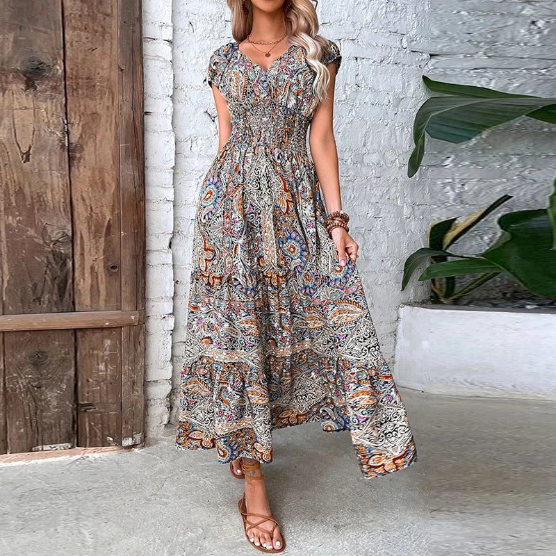 Women Vintage Print Maxi Dresses Summer Casual V Neck Short Sleeve Elastic Waist Dress Female Boho Beach Big Swing Long Dresses