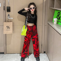 Hip Hop Children's Clothes Sets for 6-13t Girls Slim Sweatshirt + ribbons Pocket Cargo Pants camouflage overalls 2pcs Sweat Suit