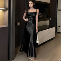 Woman Summer Pleated Sleeveless Midi Dresses 2025 Fashion Silk Satin Long Dress Women Spaghetti Strap Dress Party Banquet Dress