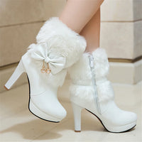 2025 Winter Womens Fashion High Heel Boots Pink White Black Fur Tassel Bowtie Lovely Lolita Ladies Party Wedding Shoes size32-43