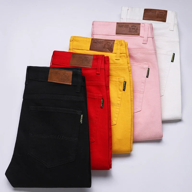 New High Quality Men's Trend Yellow Red White Jeans 2024 Spring Autumn Male High Waist Casual Pants Classic Brand Denim Trousers