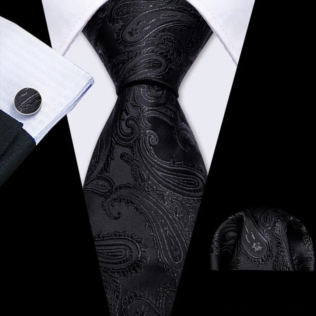 Barry.Wang Black White Gray Silver Men Tie Handkerchief Cufflinks Set Jacquard Necktie for Male Wedding Business Party Gift