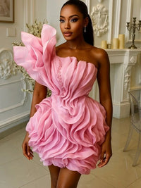 Asymmetric Mesh Ruffle Mini Cocktail Dress One Shoulder Chiffon Beaded Summer Party Dress Puffy Tiered Floral Short Prom Gowns