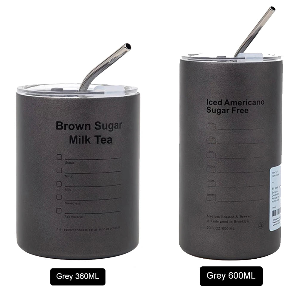 360/600ml Stainless Steel Coffee Cup Double Vacuum Insulated Cup Portable Ice American Keep Cold Coffee Mug with Lid + Straw