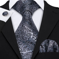 Barry.Wang Black White Gray Silver Men Tie Handkerchief Cufflinks Set Jacquard Necktie for Male Wedding Business Party Gift