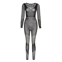 BoozRey Sexy Mesh Perspective Hollow High Waisted Trousers Long Tight Jumpsuit Women Skinny Long Sleeve Black Outfits Overalls