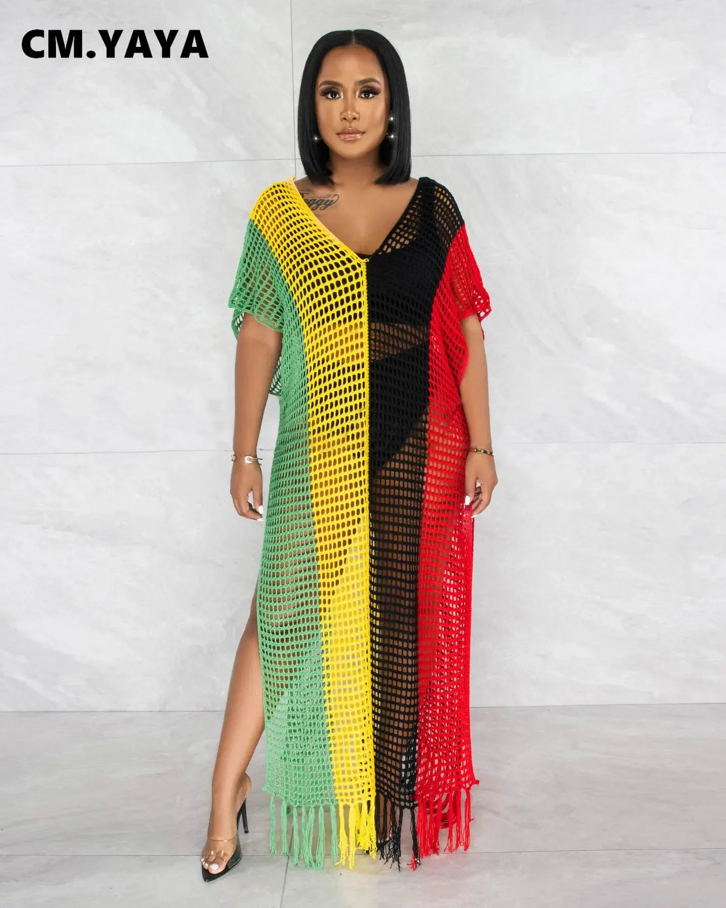 CM.YAYA Vintage Women Striped Crochet Knit Hollow Out V-neck Batwing Sleeve Maxi Long Slim Dress 2023 Sexy Party Evening Dresses