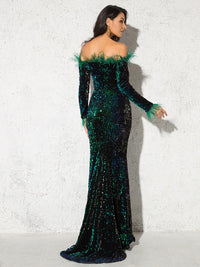 Burgundy Shiny Sequin Feather Velvet Party Dress Long Sleeve Bodycon Stretchy Slash Neck Floor Length Mermaid Dress Black Green