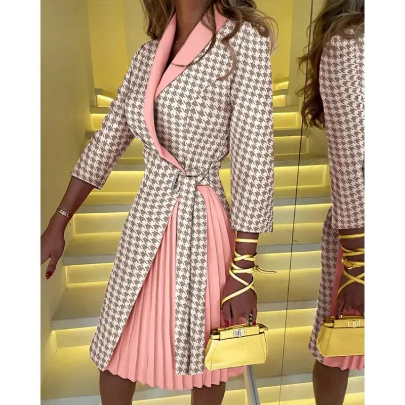 2023 Elegant Office Lady Pleated Blazer Dress Women Spring Autumn Fashion Bodycon Party Slim Dress with Slit Tied Dress Vestidos