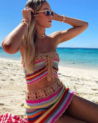 Sexy Colorful Striped Strapless Crochet Tube Crop Top and Skirt Summer Beachwear 2 Piece Set