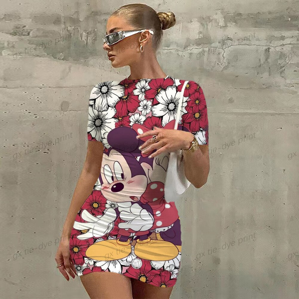 Disney Mickey Mouse Print Bodycon Dress - Women's Short Sleeve Club Party Dress