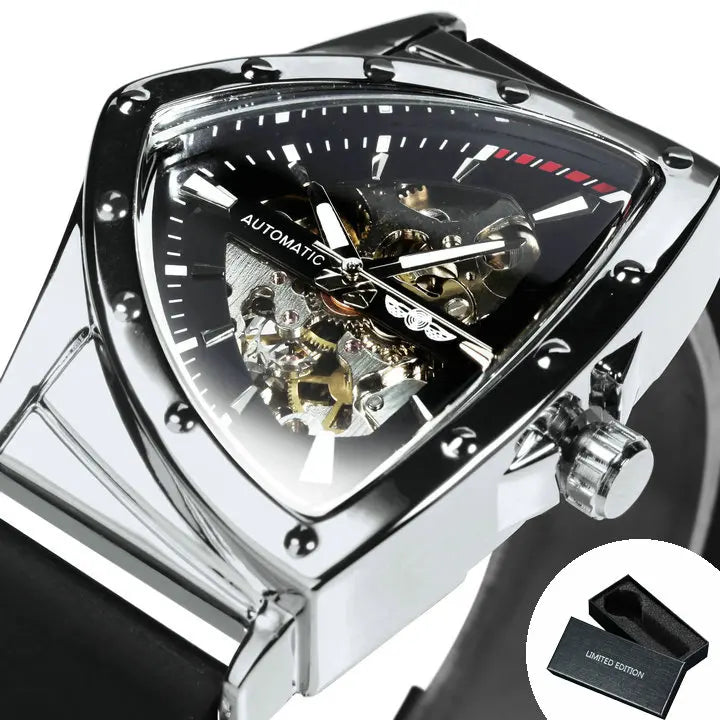 WINNER Military Triangle Skeleton Automatic Watch for Men Gold Sports Mechanical Watches Luxury Stainless Steel Strap Luminous