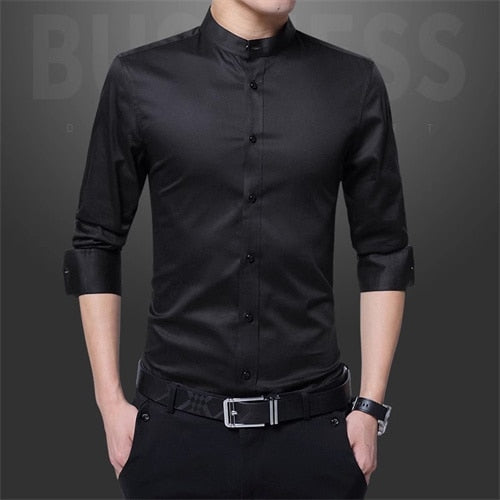 New Men Business Shirts Black/White Fashion Elegant Male Stand Collar Long Sleeve Tops Homme Wedding Party Dresses