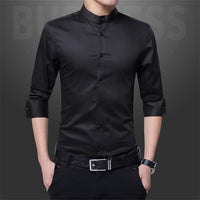 New Men Business Shirts Black/White Fashion Elegant Male Stand Collar Long Sleeve Tops Homme Wedding Party Dresses