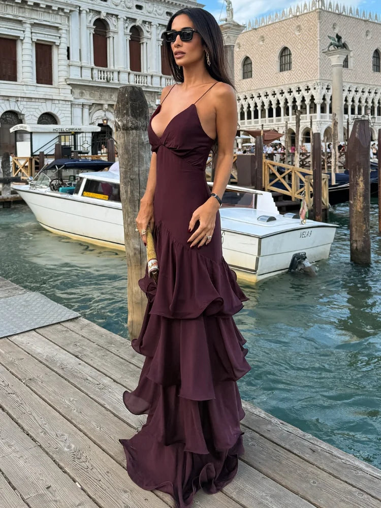 Elegant Solid Ruffled Sling Dress for Women Fashion Sleeveless Backless Party Maxi Dresses 2025 New Female Vacation Robes Street