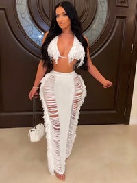 JRRY Sexy Women Knitted Set Halter Backless Crop Top Tassel Skirt Crochet Two Pieces Set Hollow Out Crocheted Beach Dress Set