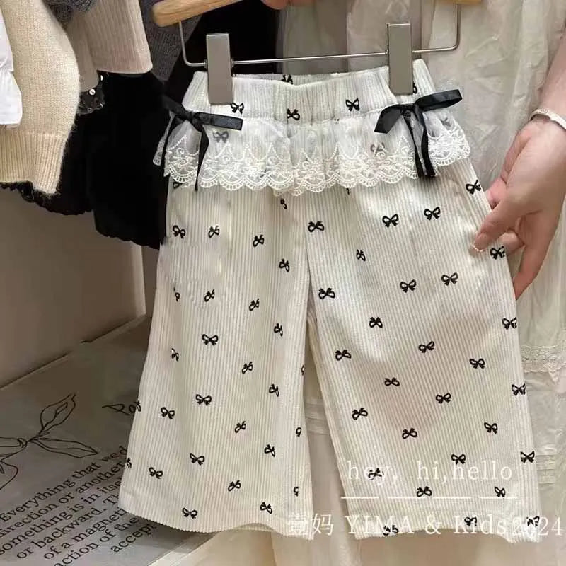 New Girls Bow Print Pants Spring Kids Wide-leg Trousers Fashion Elastic Loose Pants Autumn Children Bowknot Trousers 2-8 Years