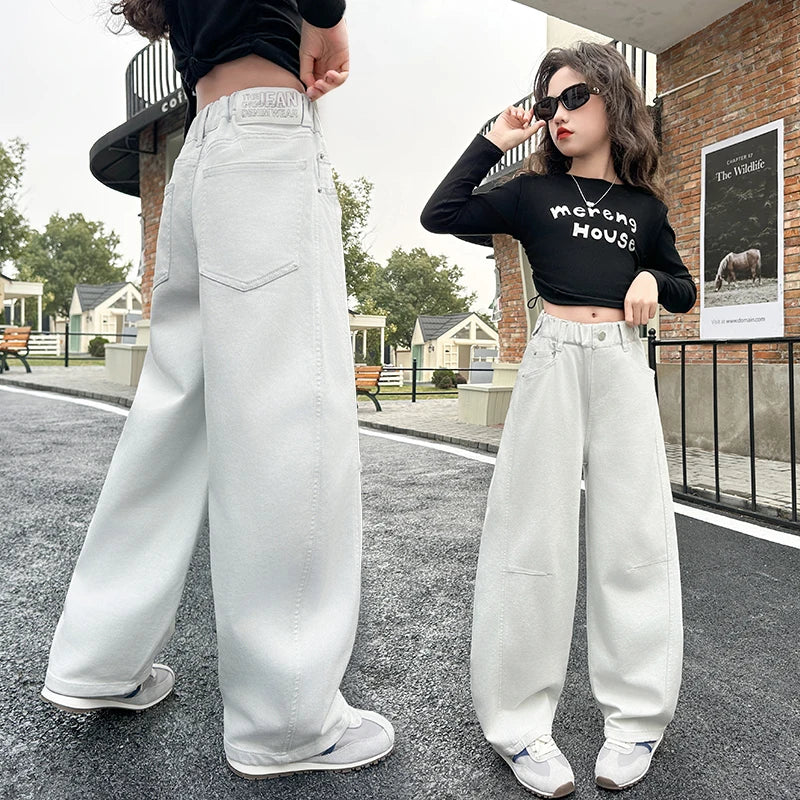 High quality plain color jeans for girls, spring and autumn 2025 new style, medium and large children's pants 4-16year