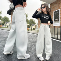 High quality plain color jeans for girls, spring and autumn 2025 new style, medium and large children's pants 4-16year