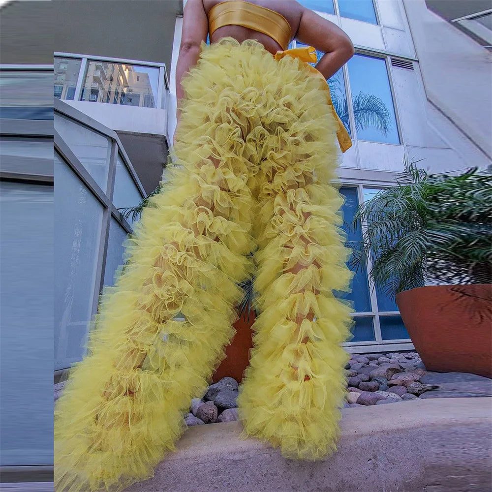 Women Solid Color Tulle Mesh Pants Woman Multi-Layer Ruffle Pants Lady High Waist Trousers Party Outfits