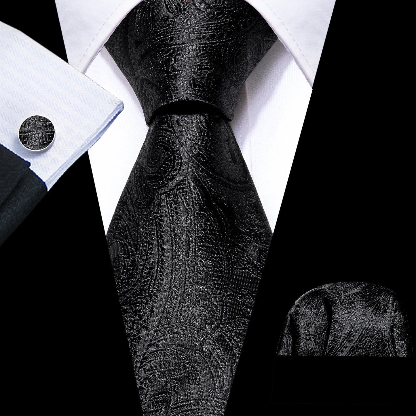 Barry.Wang Black White Gray Silver Men Tie Handkerchief Cufflinks Set Jacquard Necktie for Male Wedding Business Party Gift