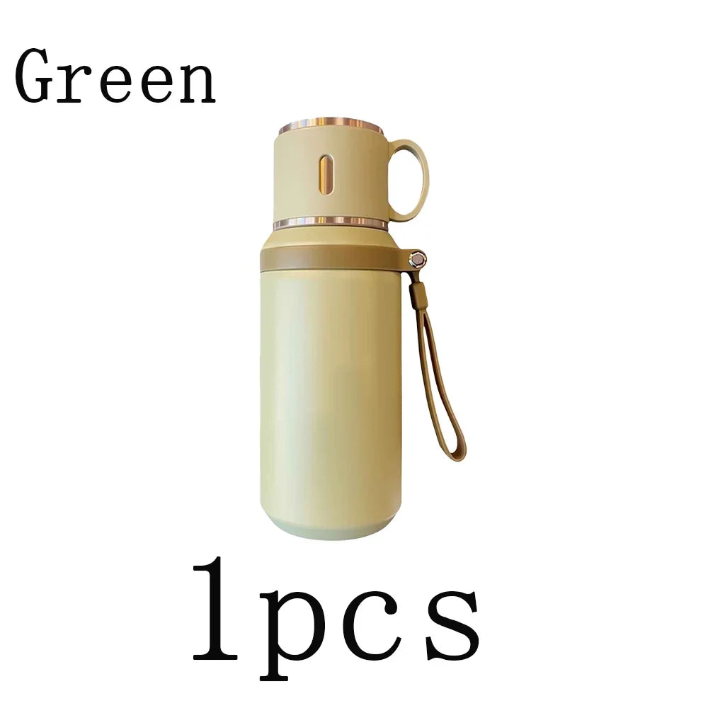Stainless Steel Thermos Cup 600ml 24h Insulation Insulated Water Bottle  with Cup Portable Handheld Tumbler for Camping Hiking