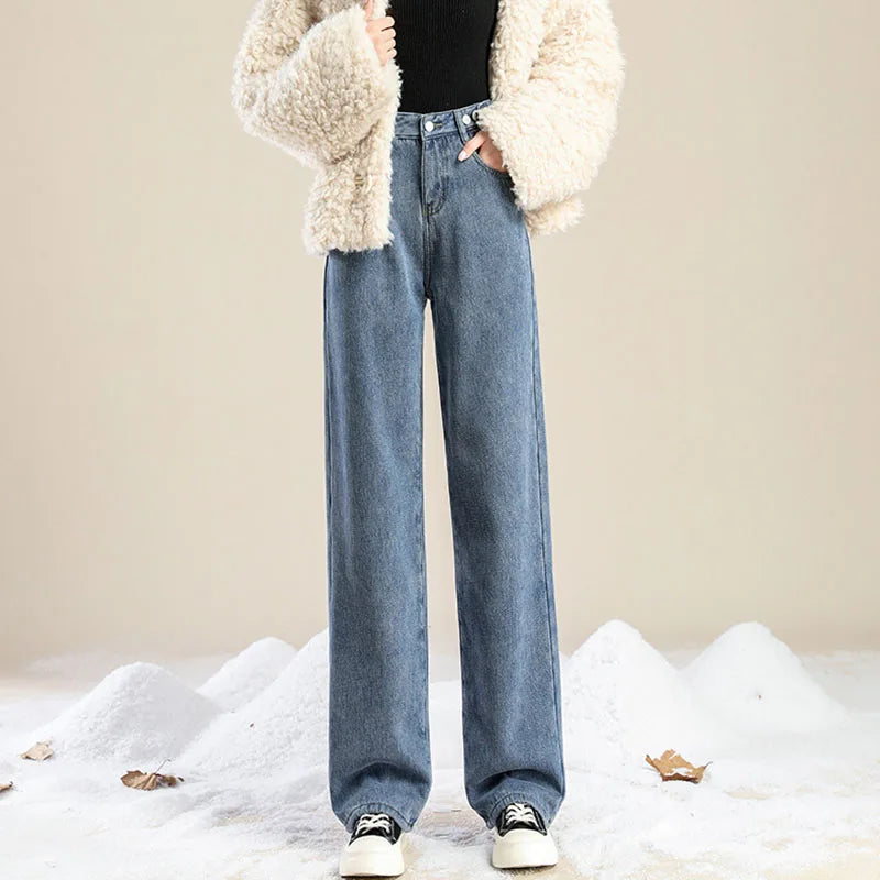 Plus Velvet Denim Pants for Women Autumn Winter New Thickened Baggy Straight Jeans Ladies Casual Versatile Wide Leg Trousers