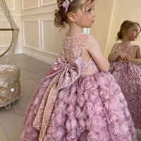 2023 New Arrival Girls Pink Sweet Princess Dress Baby Kids Big Bow Birthday Party Clothing Child Wedding Dress Teen Retro Dress