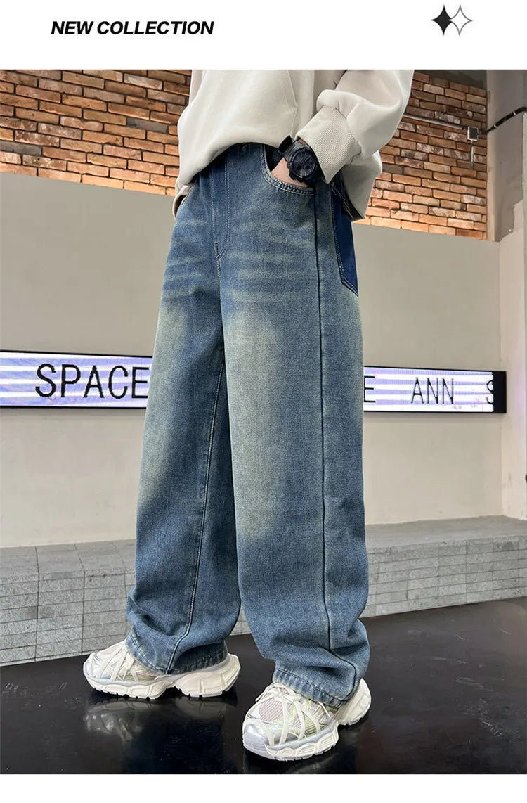 Boys Jeans 2024 Autumn&winter New Teenage Children Plus Fleece Warm Pants Boys Fried Street Handsome Pants Kids Denim Trousers