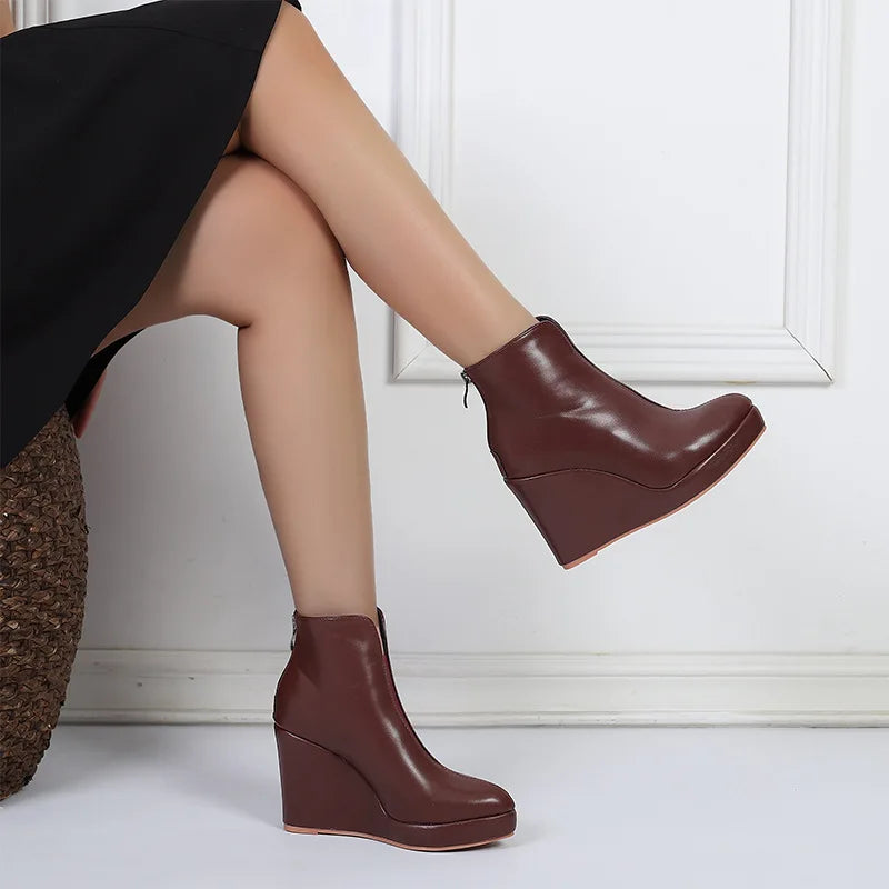 New Autumn Early Winter Shoes Women Ankle Boots Platform Fashion Ladies Wedge Heels 10cm Pure Black White Big Size 42