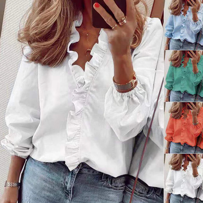 2023 Autumn Casual Ruffles Ladies Shirt Office Lady Blouses Women Floral Long Sleeve Loose Female White Clothing Blusas 18246