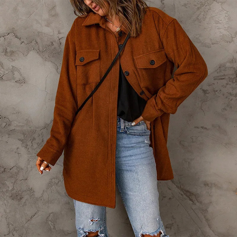 Winter Women Woolen Coat Top Elegant New 2024 Fashion Long Sleeve Turn Down Collar Single Breated Pocket Loose Jacket Outwear