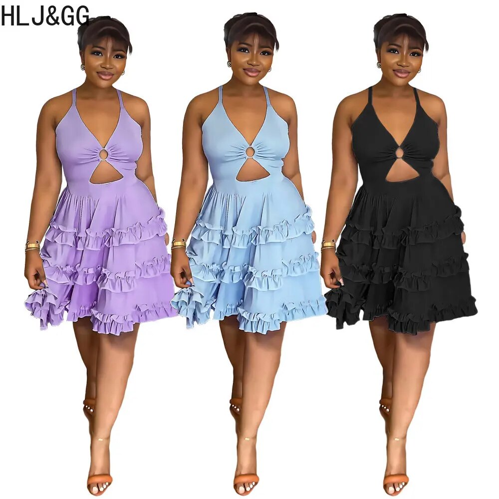 HLJ&GG Summer Solid Color Ruffles Elegant Dresses Women Halter Off Shoulder Aline Knee Dress Fashion Female Party Club Clothing