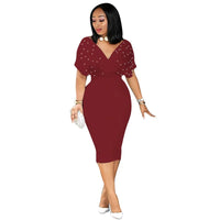 CMYAYA Women Batwing Sleeve V-neck High Waist Beading Knee Length Bodycon Bandage Midi Dress Party Club Sexy Dresses