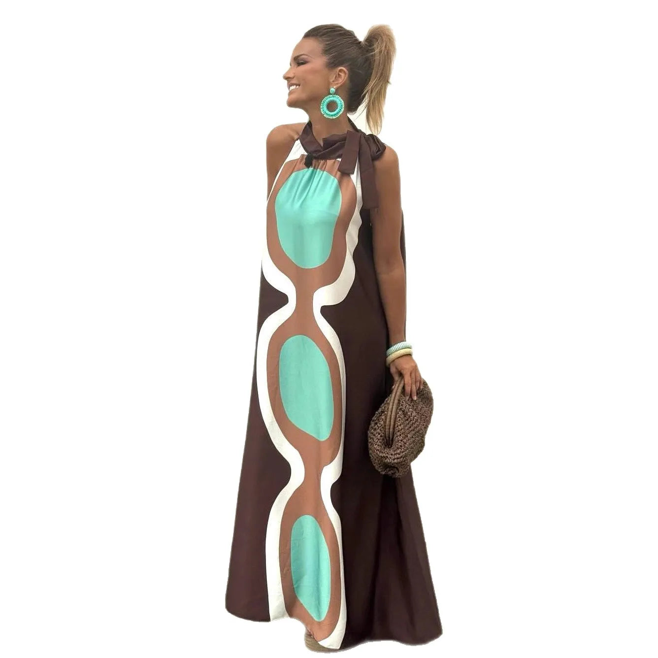 Casual Print Halter Neck Leace-up Long Dresses Women Summer New Vacation Style Loose Maxi Dress Female Vintage Commuting Vestido