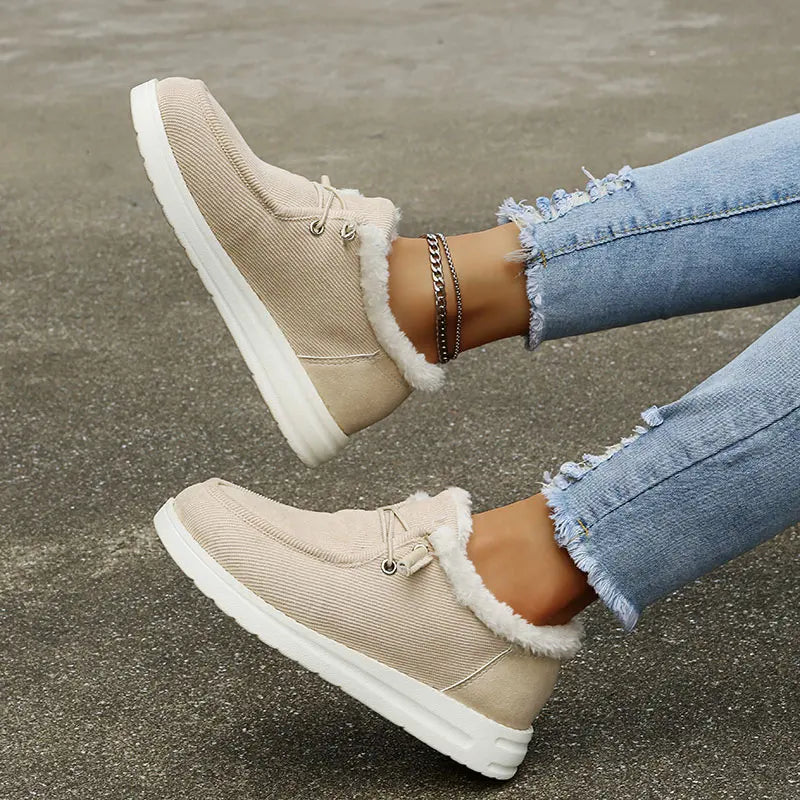 2022 Winter New Women's Shoes Lace Up Canvas Flat-heel Casual Cotton Shoes Ladies Plus Velvet Warm Shoes Women Plus Size 35-43