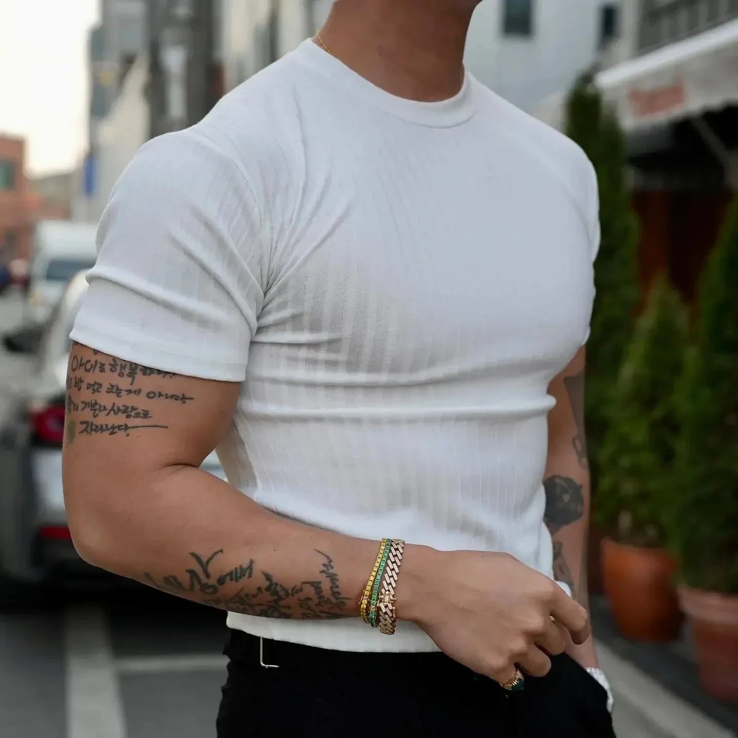 2025 new Fashion Fitness Training T-shirt Men's Summer Sports Leisure Round Neck Elastic Short Sleeve Vertical Stripe T-shirt