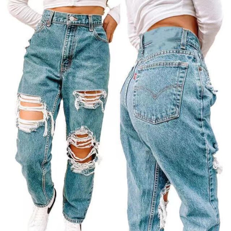 Women Hole Straight Hollow Cargo Pants Women Baggy High Waisted Pants Ripped Jeans Mom Jeans Fashion Blue Wide Leg Trousers Y2k