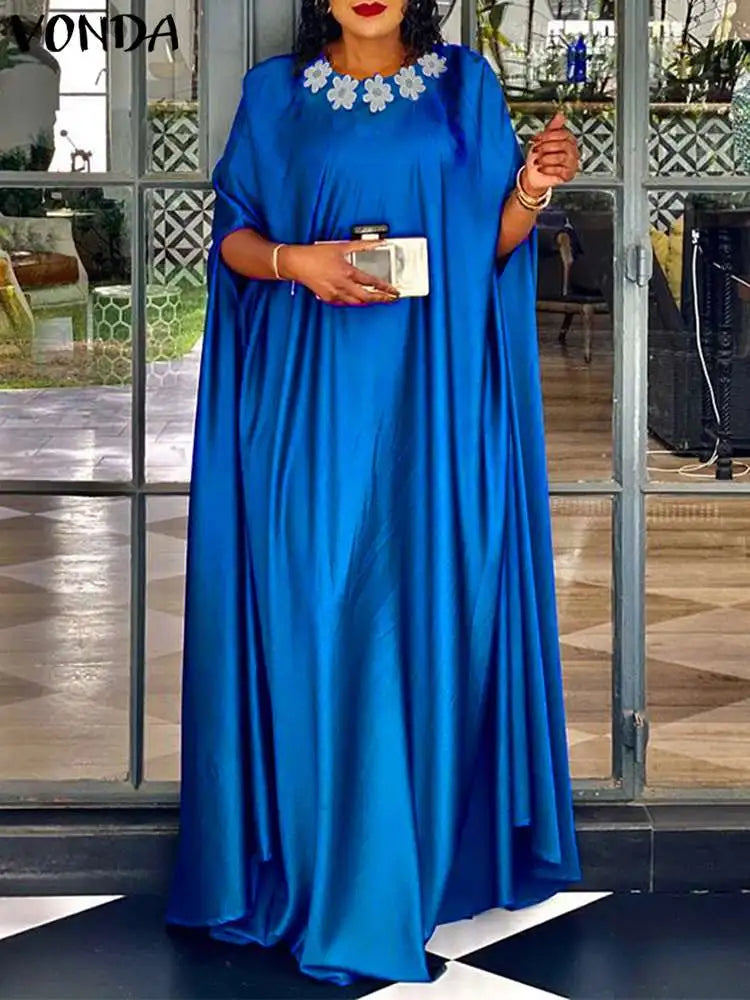 Plus Size 5XL VONDA Women Party Summer Long Maxi Dress Fashion Satin Sundress Bohemian Round Neck 3/4 Bat Sleeve Vestidos Robe