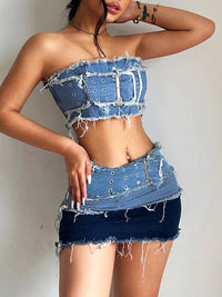 Weekeep Cargo Style Denim Tube Top Chic Big Belt Patchwork Strapless Corset Tops Women y2k Aesthetic Crop Tanks Sexy Streetwear